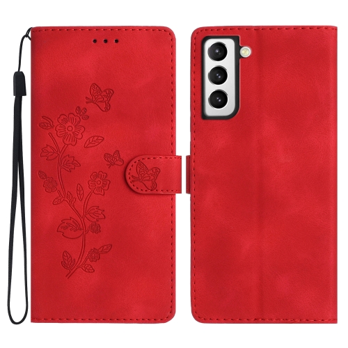 

For Samsung Galaxy S22 5G Flower Butterfly Embossing Pattern Leather Phone Case(Red)