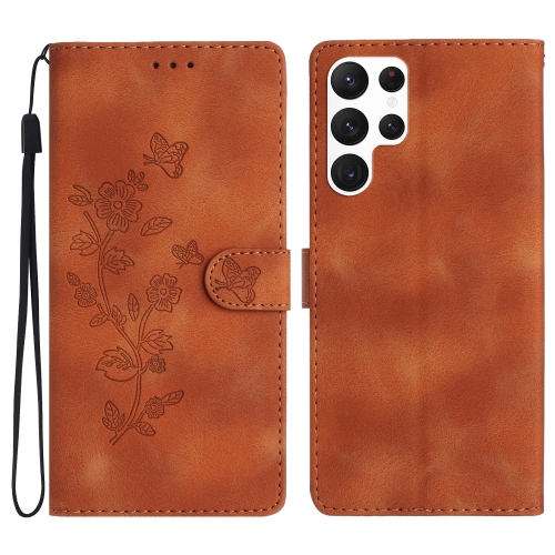 

For Samsung Galaxy S22 Ultra 5G Flower Butterfly Embossing Pattern Leather Phone Case(Brown)