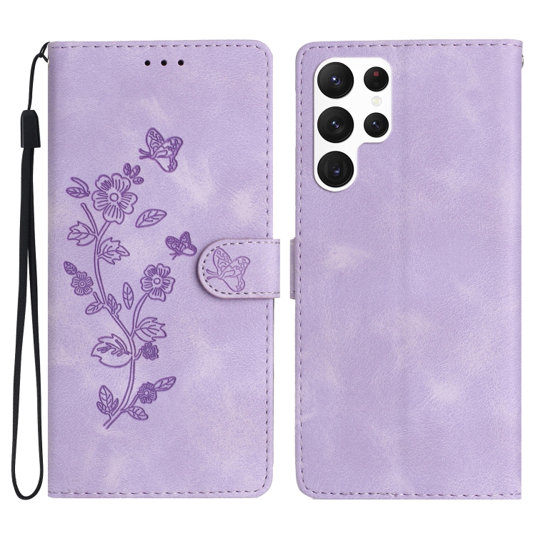 

For Samsung Galaxy S22 Ultra 5G Flower Butterfly Embossing Pattern Leather Phone Case(Purple)