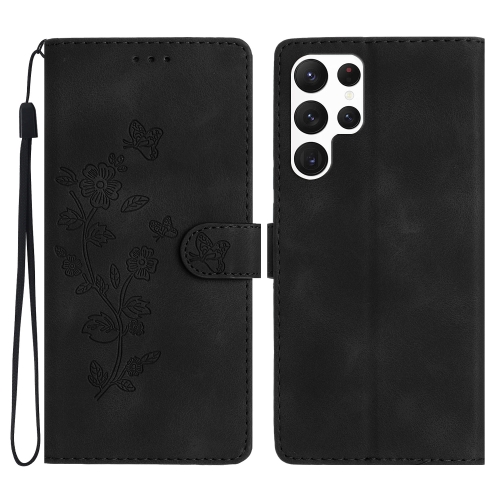 

For Samsung Galaxy S22 Ultra 5G Flower Butterfly Embossing Pattern Leather Phone Case(Black)