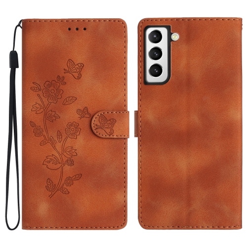 

For Samsung Galaxy S21+ 5G Flower Butterfly Embossing Pattern Leather Phone Case(Brown)