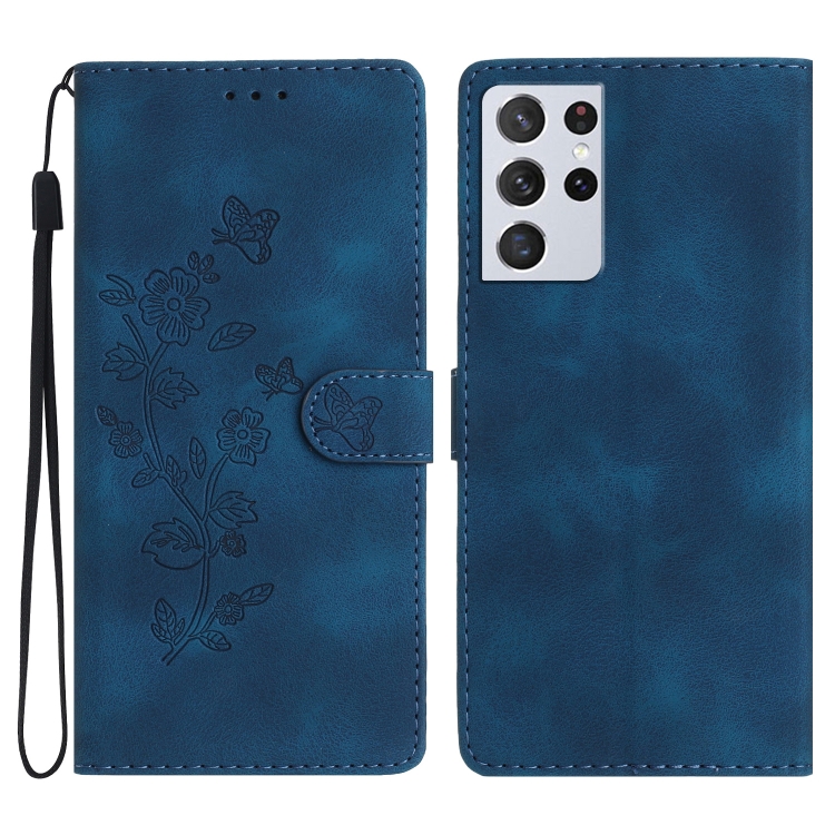 

For Samsung Galaxy S21 Ultra 5G Flower Butterfly Embossing Pattern Leather Phone Case(Blue)