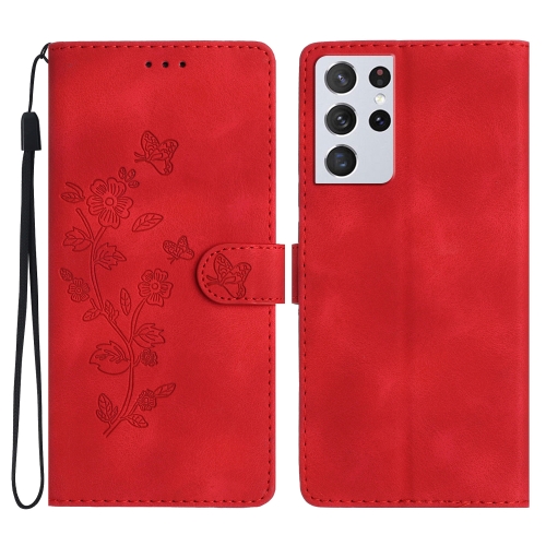 

For Samsung Galaxy S21 Ultra 5G Flower Butterfly Embossing Pattern Leather Phone Case(Red)