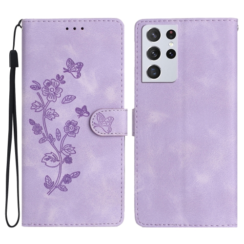 

For Samsung Galaxy S21 Ultra 5G Flower Butterfly Embossing Pattern Leather Phone Case(Purple)