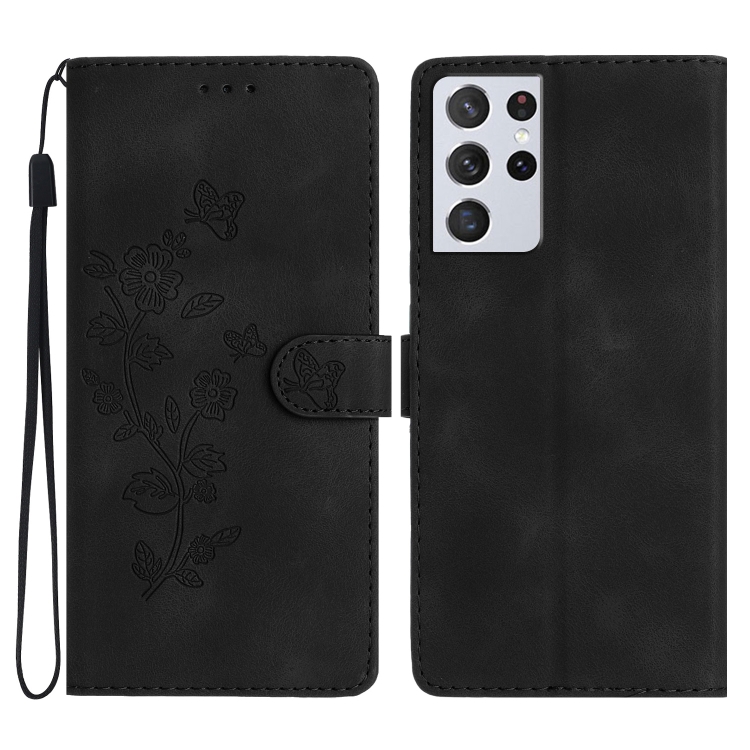 

For Samsung Galaxy S21 Ultra 5G Flower Butterfly Embossing Pattern Leather Phone Case(Black)