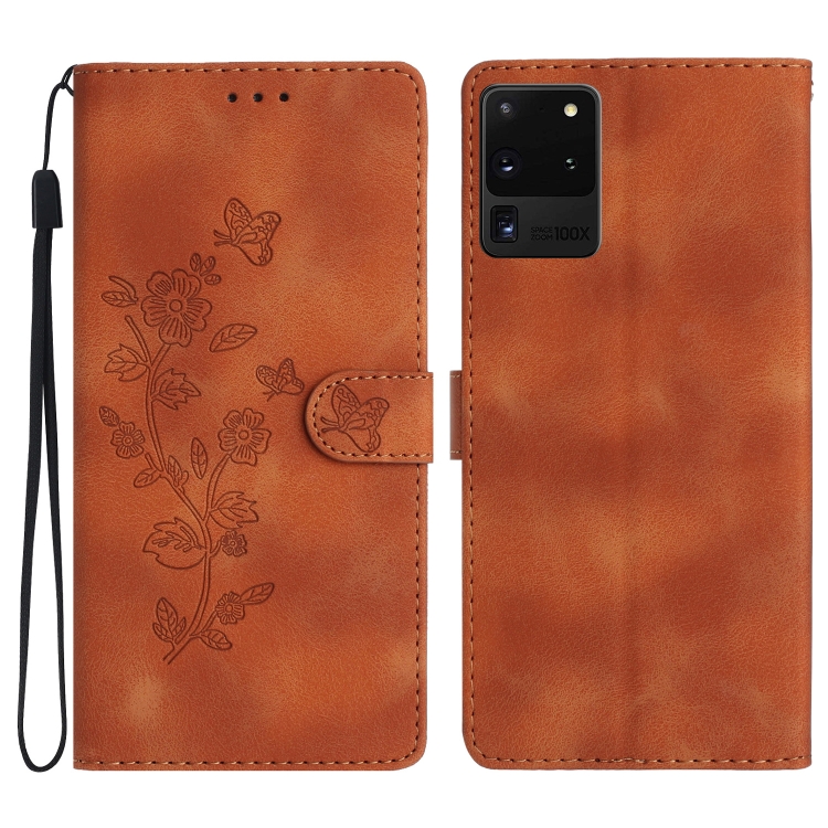 

For Samsung Galaxy S20 Ultra Flower Butterfly Embossing Pattern Leather Phone Case(Brown)