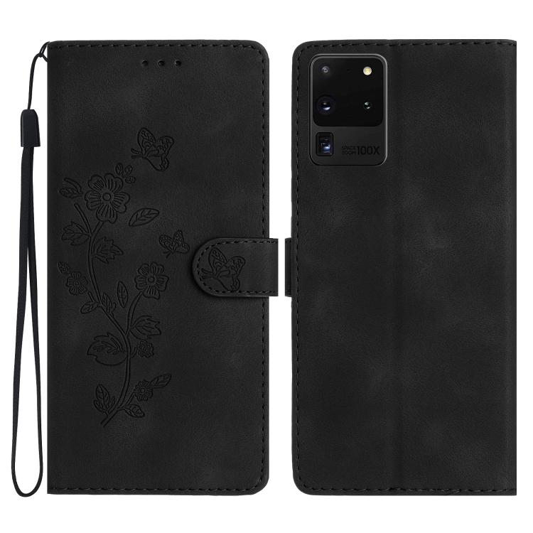 

For Samsung Galaxy S20 Ultra Flower Butterfly Embossing Pattern Leather Phone Case(Black)