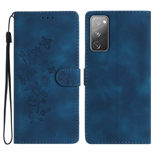 

For Samsung Galaxy S20 FE Flower Butterfly Embossing Pattern Leather Phone Case(Blue)