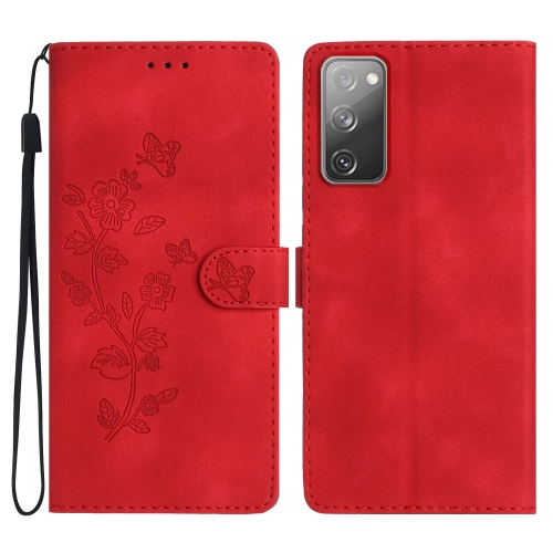 

For Samsung Galaxy S20 FE Flower Butterfly Embossing Pattern Leather Phone Case(Red)
