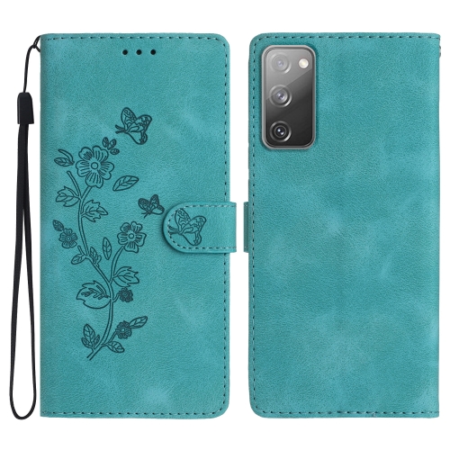 

For Samsung Galaxy S20 FE Flower Butterfly Embossing Pattern Leather Phone Case(Sky Blue)