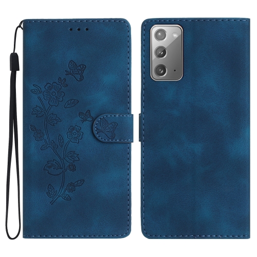 

For Samsung Galaxy Note20 Flower Butterfly Embossing Pattern Leather Phone Case(Blue)