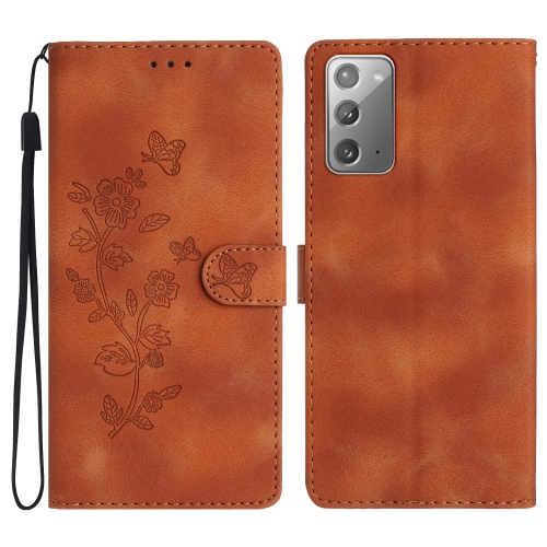 

For Samsung Galaxy Note20 Flower Butterfly Embossing Pattern Leather Phone Case(Brown)