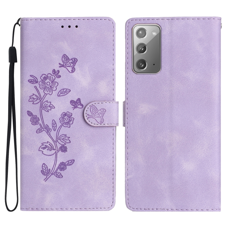 

For Samsung Galaxy Note20 Flower Butterfly Embossing Pattern Leather Phone Case(Purple)