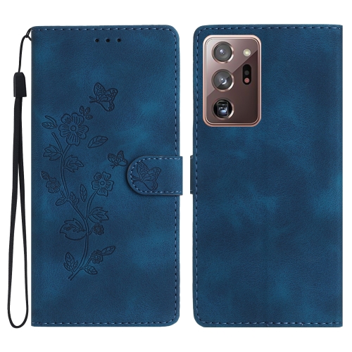 

For Samsung Galaxy Note20 Ultra Flower Butterfly Embossing Pattern Leather Phone Case(Blue)