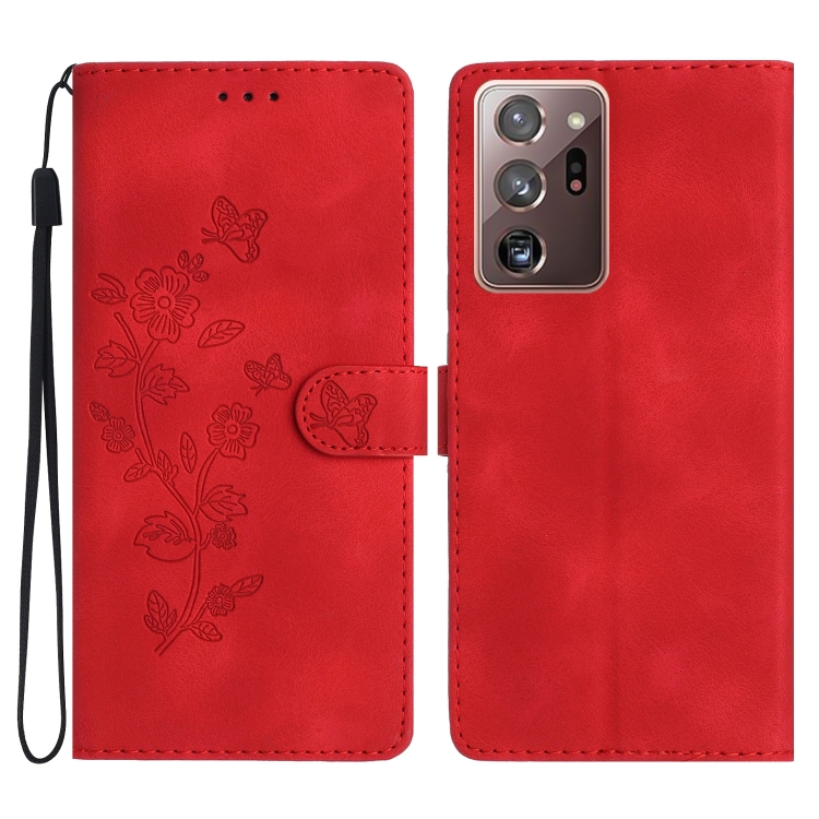 

For Samsung Galaxy Note20 Ultra Flower Butterfly Embossing Pattern Leather Phone Case(Red)