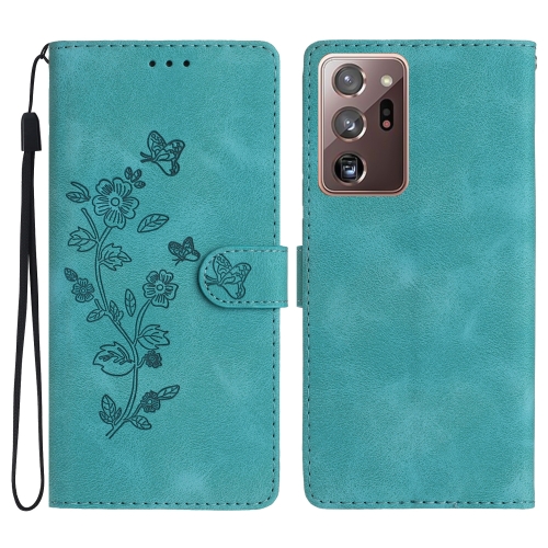 

For Samsung Galaxy Note20 Ultra Flower Butterfly Embossing Pattern Leather Phone Case(Sky Blue)