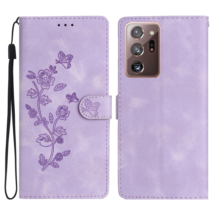 

For Samsung Galaxy Note20 Ultra Flower Butterfly Embossing Pattern Leather Phone Case(Purple)