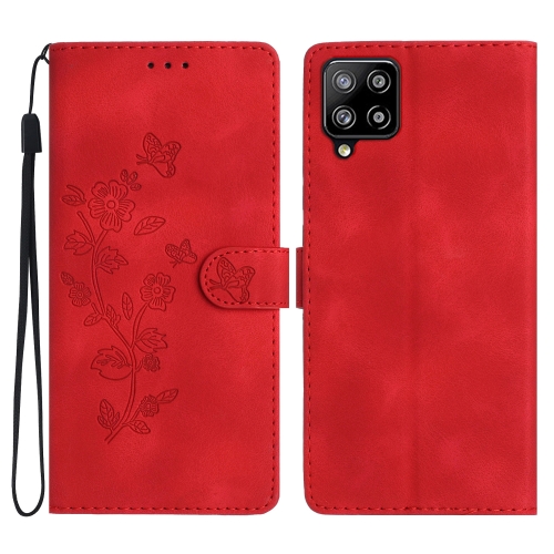 

For Samsung Galaxy A42 5G Flower Butterfly Embossing Pattern Leather Phone Case(Red)