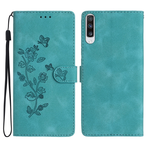 

For Samsung Galaxy A50 Flower Butterfly Embossing Pattern Leather Phone Case(Sky Blue)