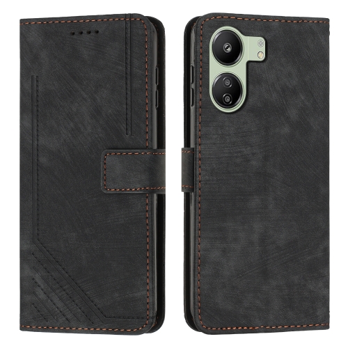 

For Xiaomi Redmi 13C Skin Feel Stripe Pattern Leather Phone Case with Long Lanyard(Black)
