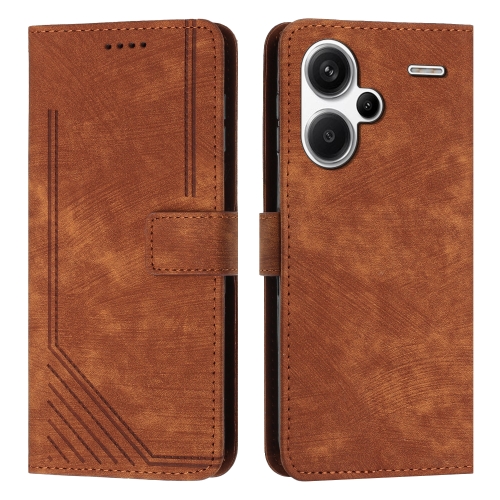 

For Xiaomi Redmi Note 13 Pro+ Skin Feel Stripe Pattern Leather Phone Case with Long Lanyard(Brown)
