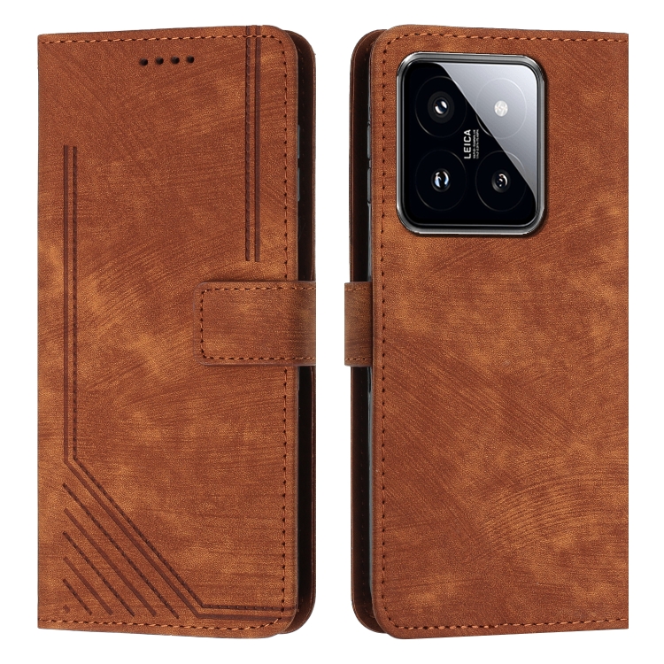

For Xiaomi 14 Skin Feel Stripe Pattern Leather Phone Case with Long Lanyard(Brown)