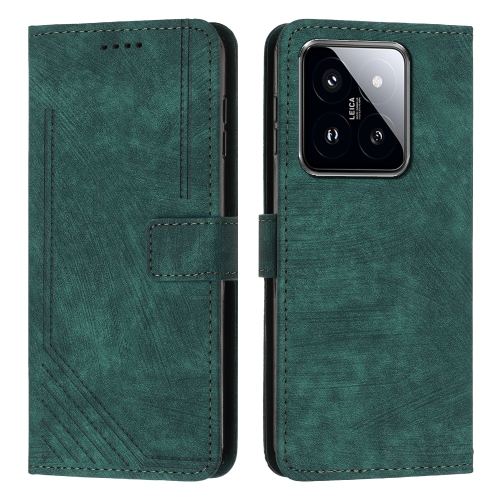 

For Xiaomi 14 Skin Feel Stripe Pattern Leather Phone Case with Long Lanyard(Green)