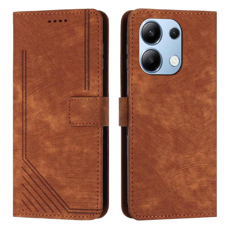 

For Xiaomi Redmi Note 13 4G Global Skin Feel Stripe Pattern Leather Phone Case with Long Lanyard(Brown)