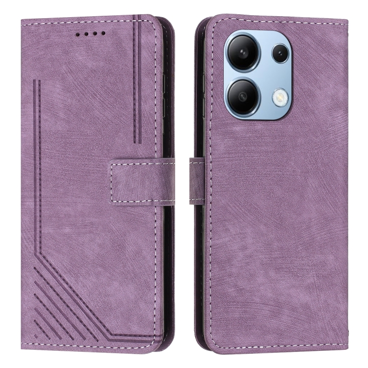 

For Xiaomi Redmi Note 13 4G Global Skin Feel Stripe Pattern Leather Phone Case with Long Lanyard(Purple)