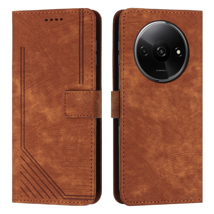 

For Xiaomi Redmi A3 Skin Feel Stripe Pattern Leather Phone Case with Long Lanyard(Brown)