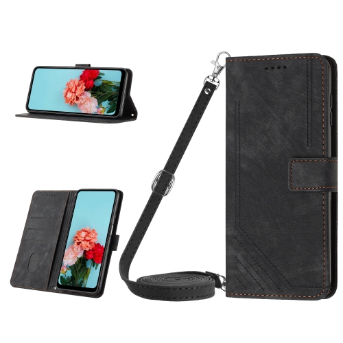 

For Tecno Camon 20 Premier Skin Feel Stripe Pattern Leather Phone Case with Lanyard(Black)