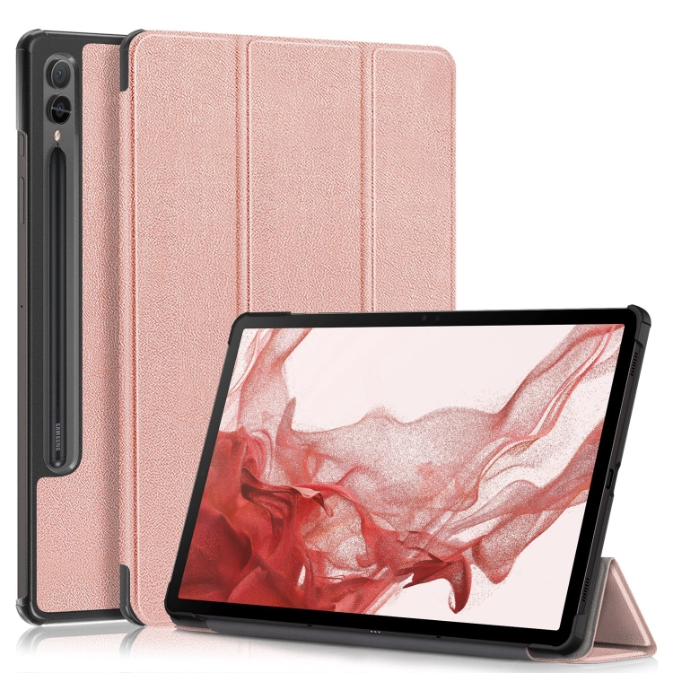 

For Samsung Galaxy Tab S9+ Custer Pure Color 3-Fold Holder Smart Leather Tablet Case(Rose Gold)