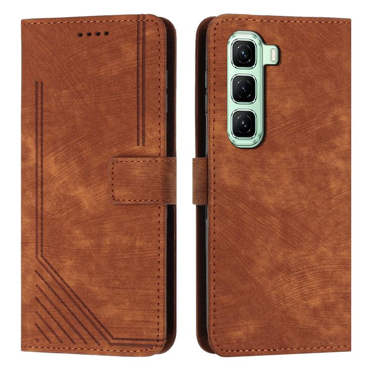 

For Infinix Hot 70 5G Skin Feel Stripe Pattern Leather Phone Case with Lanyard(Brown)