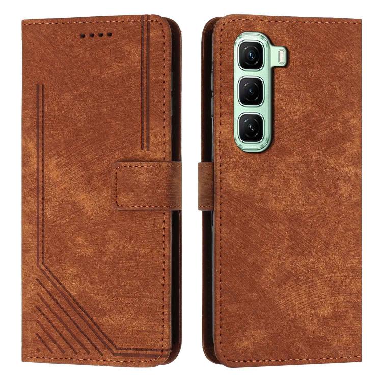 For Infinix Hot 70 Pro 5G Skin Feel Stripe Pattern Leather Phone Case with Lanyard(Brown)
