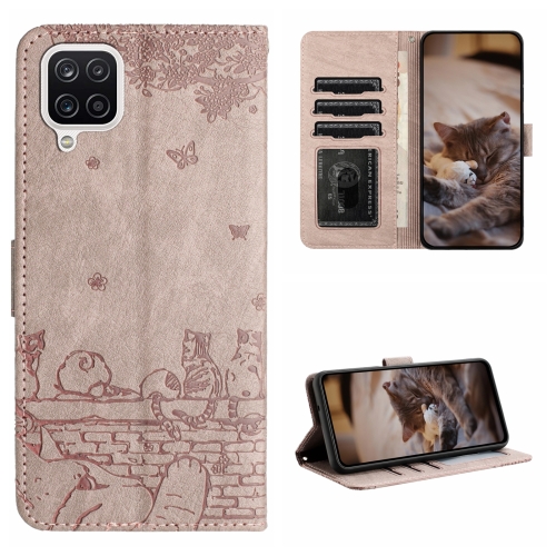 

For Samsung Galaxy A12 Cat Embossing Pattern Leather Phone Case with Lanyard(Grey)