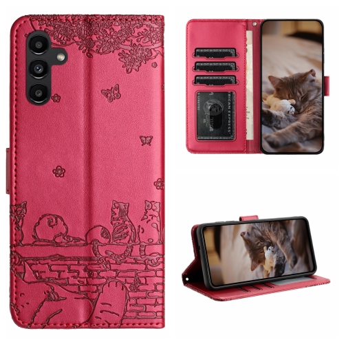 

For Samsung Galaxy A24 Cat Embossing Pattern Leather Phone Case with Lanyard(Red)