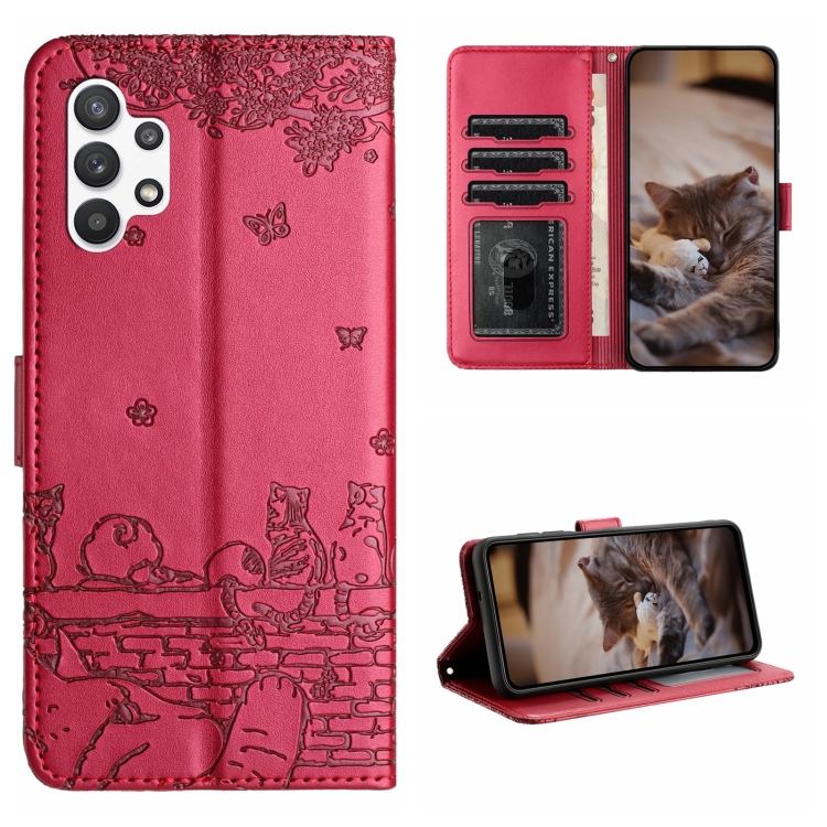 

For Samsung Galaxy A32 5G Cat Embossing Pattern Leather Phone Case with Lanyard(Red)