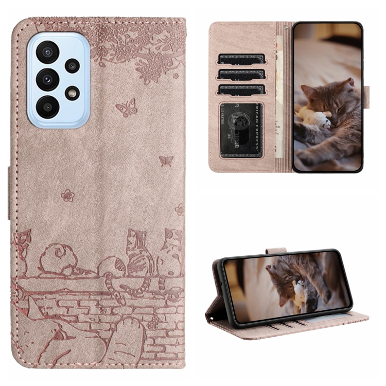 

For Samsung Galaxy A52 Cat Embossing Pattern Leather Phone Case with Lanyard(Grey)