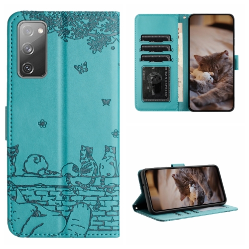 

For Samsung Galaxy S20 FE Cat Embossing Pattern Leather Phone Case with Lanyard(Blue)