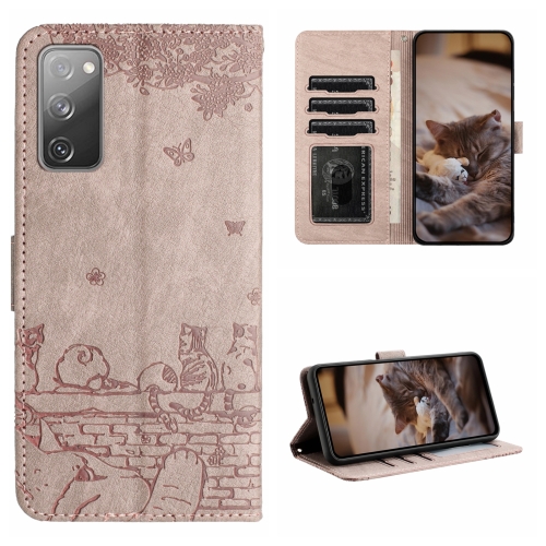 

For Samsung Galaxy S20 FE Cat Embossing Pattern Leather Phone Case with Lanyard(Grey)