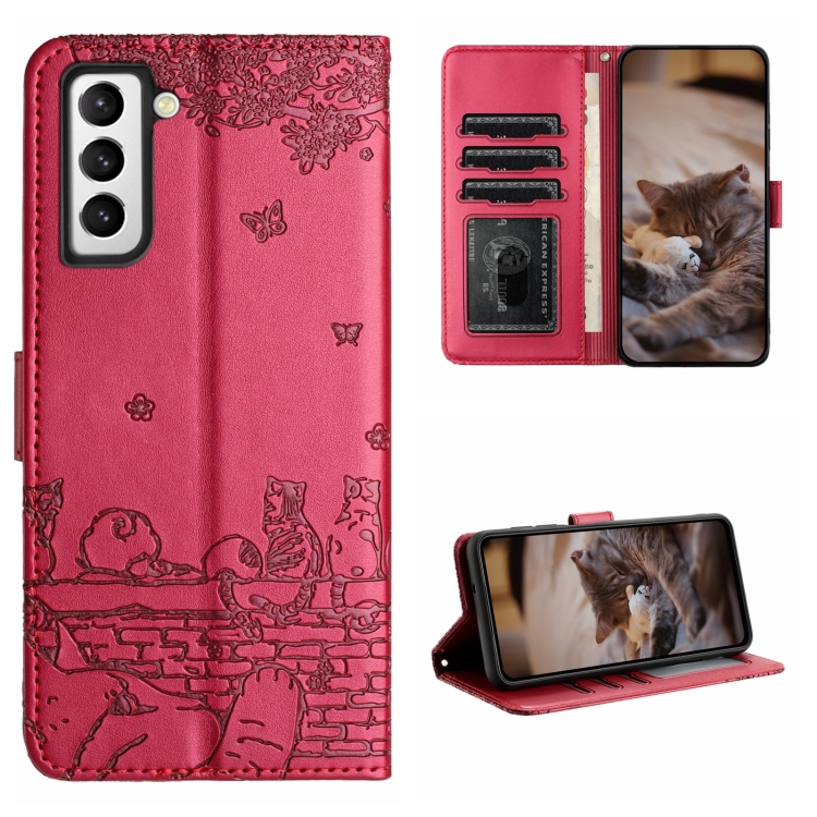 

For Samsung Galaxy S21 Cat Embossing Pattern Leather Phone Case with Lanyard(Red)
