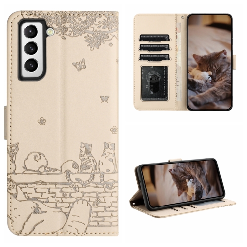 

For Samsung Galaxy S21 Cat Embossing Pattern Leather Phone Case with Lanyard(Beige)