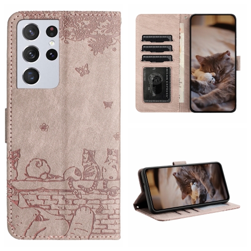 

For Samsung Galaxy S21 Ultra Cat Embossing Pattern Leather Phone Case with Lanyard(Grey)