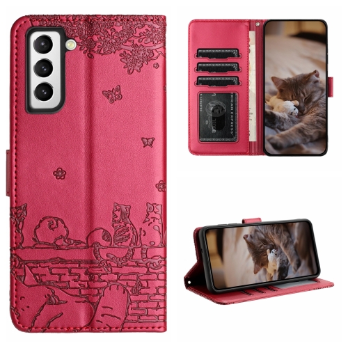 

For Samsung Galaxy S21+ Cat Embossing Pattern Leather Phone Case with Lanyard(Red)