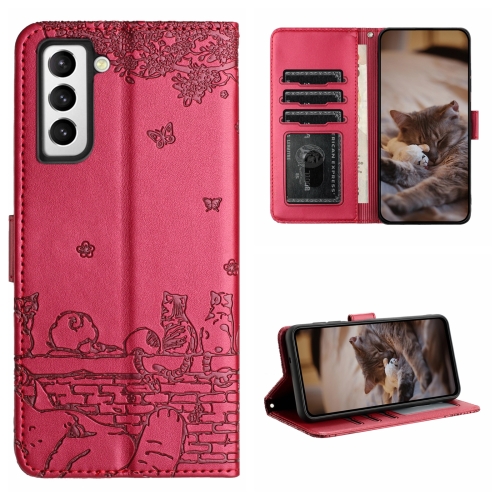 

For Samsung Galaxy S22 Cat Embossing Pattern Leather Phone Case with Lanyard(Red)
