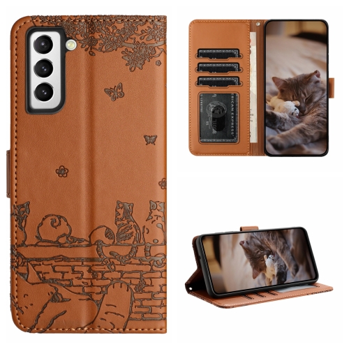 

For Samsung Galaxy S22 Cat Embossing Pattern Leather Phone Case with Lanyard(Brown)