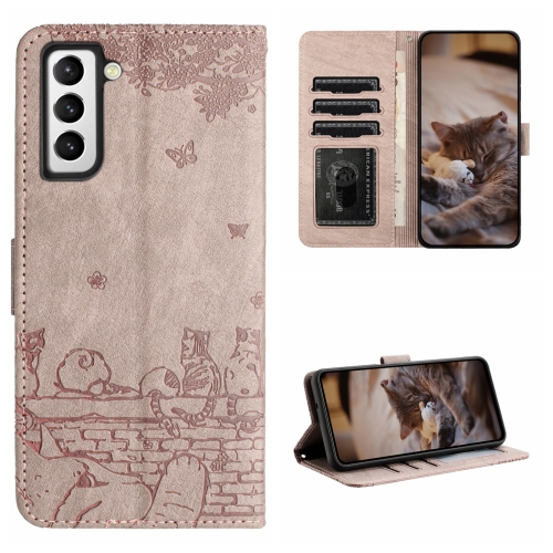 

For Samsung Galaxy S22 Cat Embossing Pattern Leather Phone Case with Lanyard(Grey)