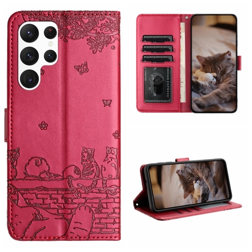 

For Samsung Galaxy S22 Ultra Cat Embossing Pattern Leather Phone Case with Lanyard(Red)