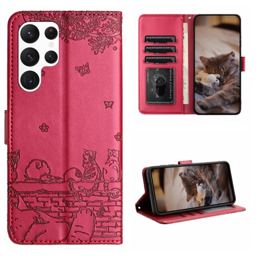 For Samsung Galaxy S22 Ultra Cat Embossing Pattern Leather Phone Case with Lanyard(Red)