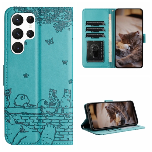 

For Samsung Galaxy S22 Ultra Cat Embossing Pattern Leather Phone Case with Lanyard(Blue)